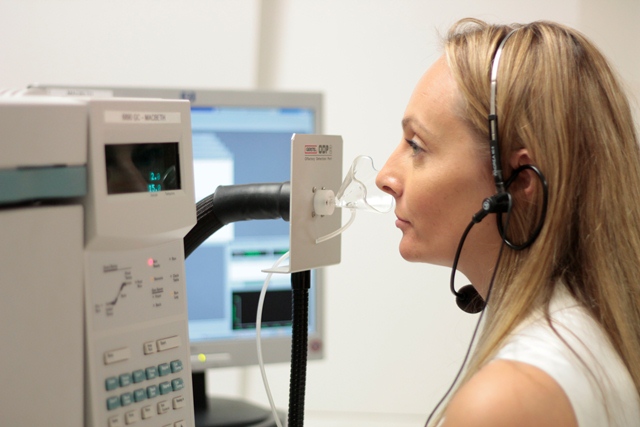 The panellist sniffing a sample through the Odour Detection Port (ODP) connected to a TD-GC-MS unit  